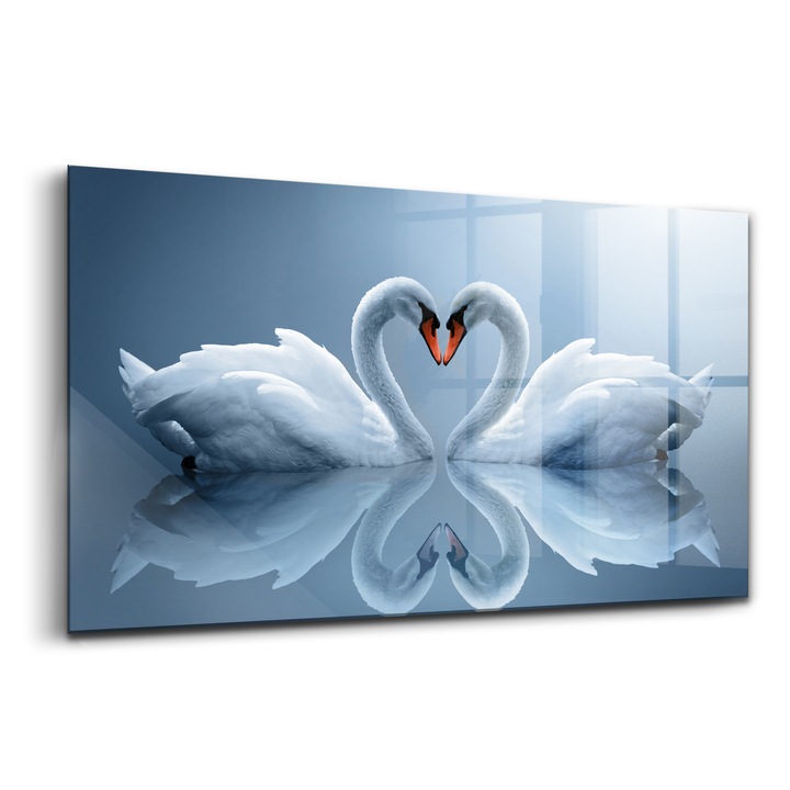 Tablou, Wallfluent, Sticla, Lebede Aranjate In Semn De Dragoste, Albastru, 140x70 cm