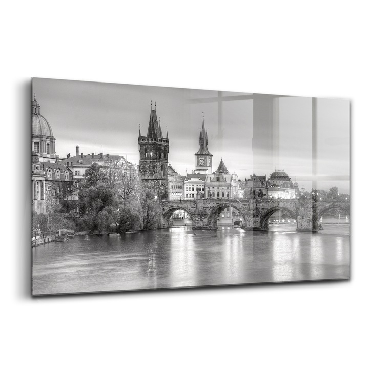 Tablou, Wallfluent, Sticla, Vedere A Podului Carol Praga, Gri, 120x60 cm