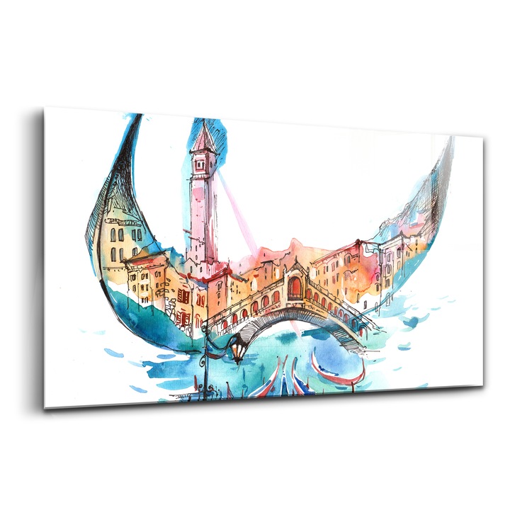 Tablou, Wallfluent, Sticla, Rezumat Italia Gondole Venetia, Albastru, 140x70 cm