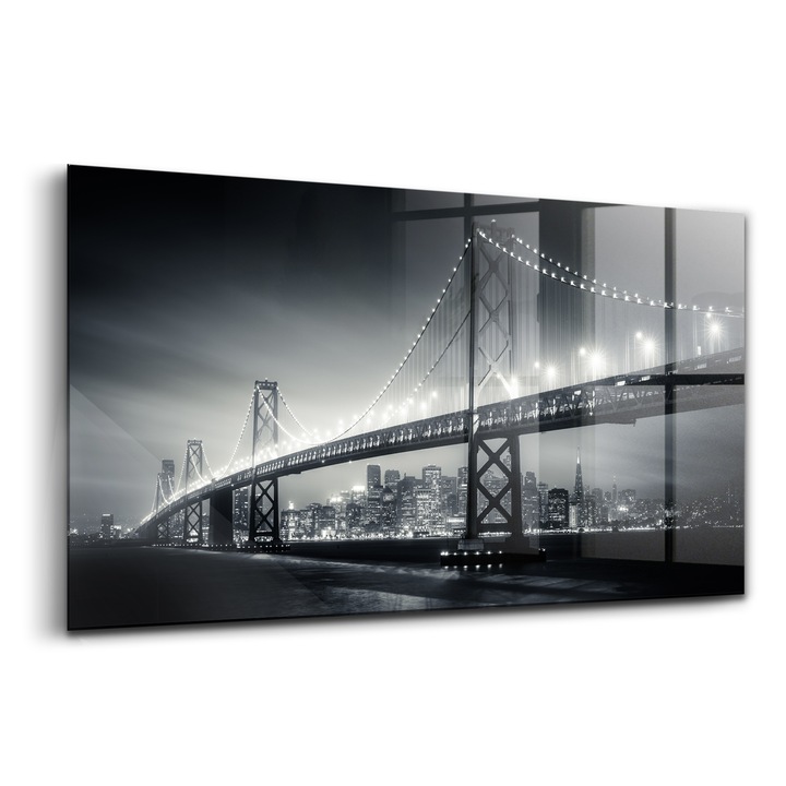 Tablou, Wallfluent, Sticla, Podul San Francisco Noaptea, Negru, 120x60 cm