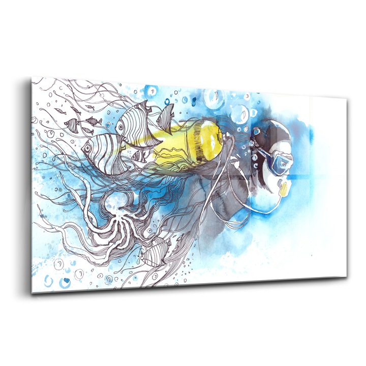 Tablou, Wallfluent, Sticla, Viata Subacvatica A Unui Scafandru Printre Pesti, Albastru, 140x70 cm