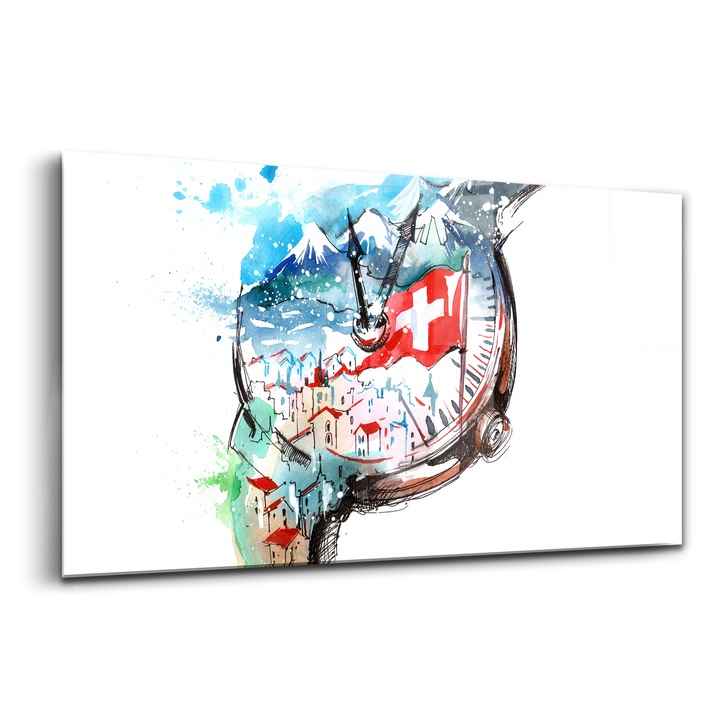 Tablou, Wallfluent, Sticla, Ceas Elvetian, Albastru, 140x70 cm