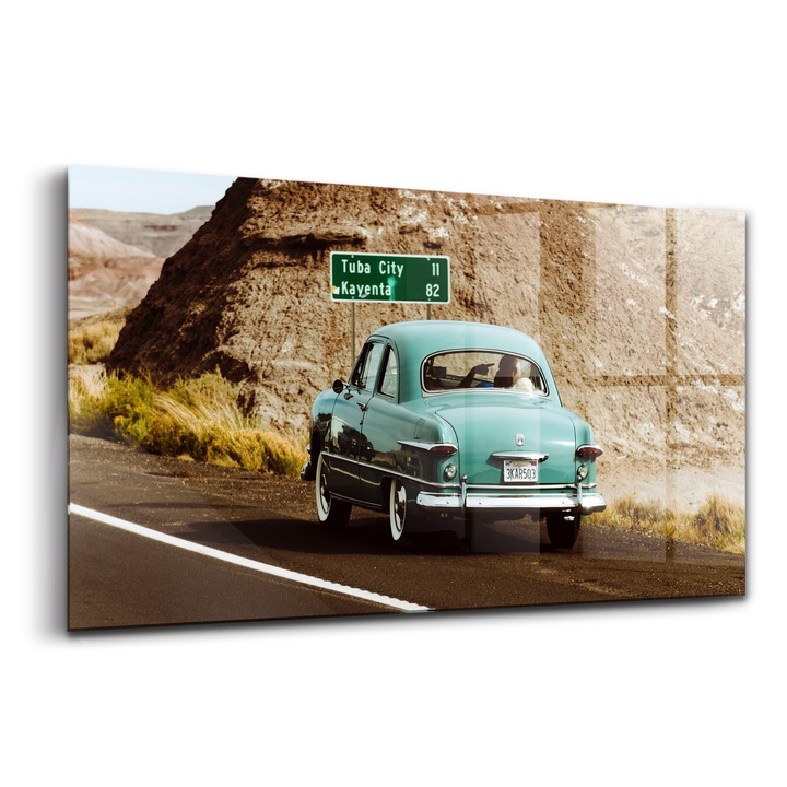 Tablou, Wallfluent, Sticla, Volkswagen Beetle Turcoaz, Albastru, 120x60 cm