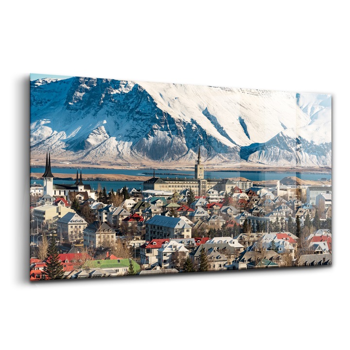 Tablou, Wallfluent, Sticla, Vedere A Islandei Reykjavik, Alb, 120x60 cm