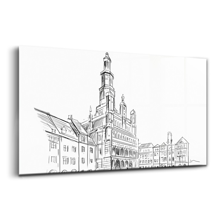 Tablou, Wallfluent, Sticla, Schita Orasului Vechi Din Poznan, Negru, 140x70 cm