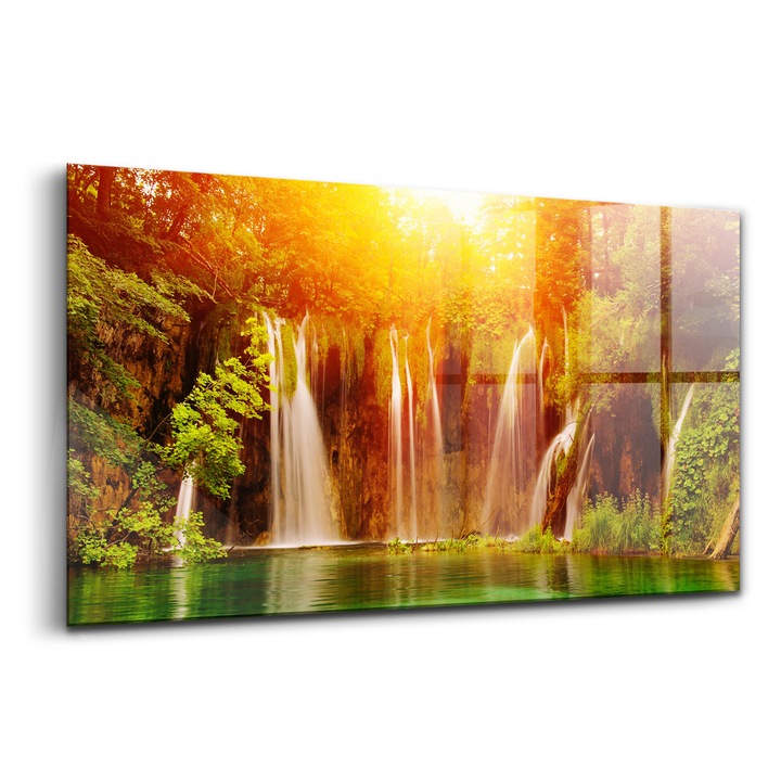Tablou, Wallfluent, Sticla, Vedere Pitoreasca A Unei Cascade, Portocaliu, 100x50 cm