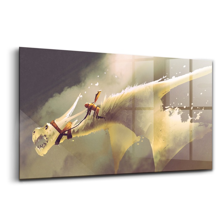 Tablou, Wallfluent, Sticla, Ilustratie Dragon Rider, Alb, 140x70 cm