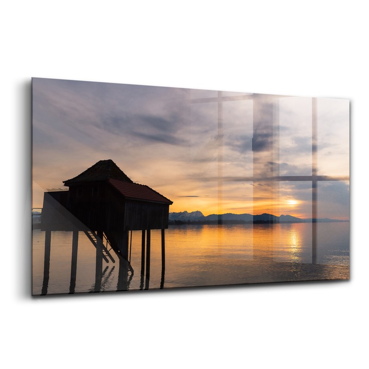 Tablou, Wallfluent, Sticla, Apus Peste Lacul Constance, Galben, 120x60 cm