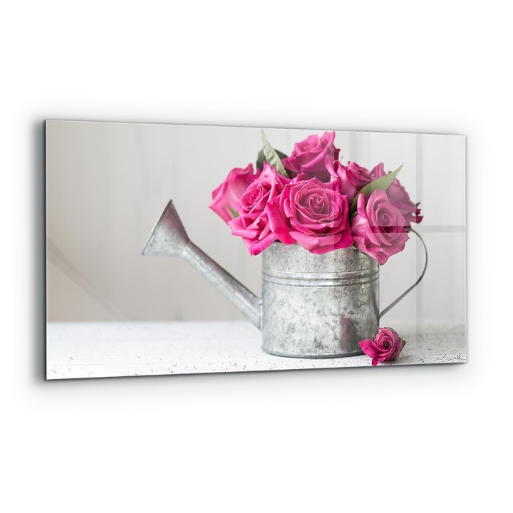 Dekoratív panel, Wallfluent, Üveg, Öntözőkanna rózsacsokorral, Többszínű, 140x70 cm, 010010510080000077192