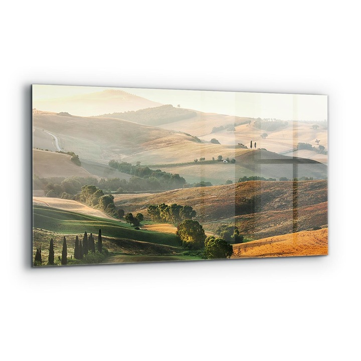 Dekoratív fali panel, Wallfluent, Üveg, Toszkán szőlőültetvények tája, Többszínű, 140x70 cm, 010010510080000077160