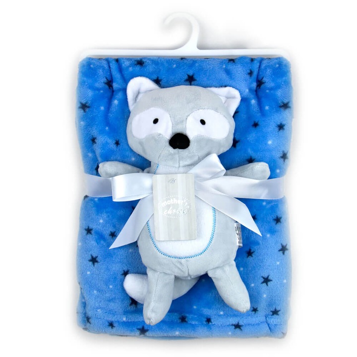 Gyapjú takaróval és mosómedve plüssjátékkal ellátott babakészlet