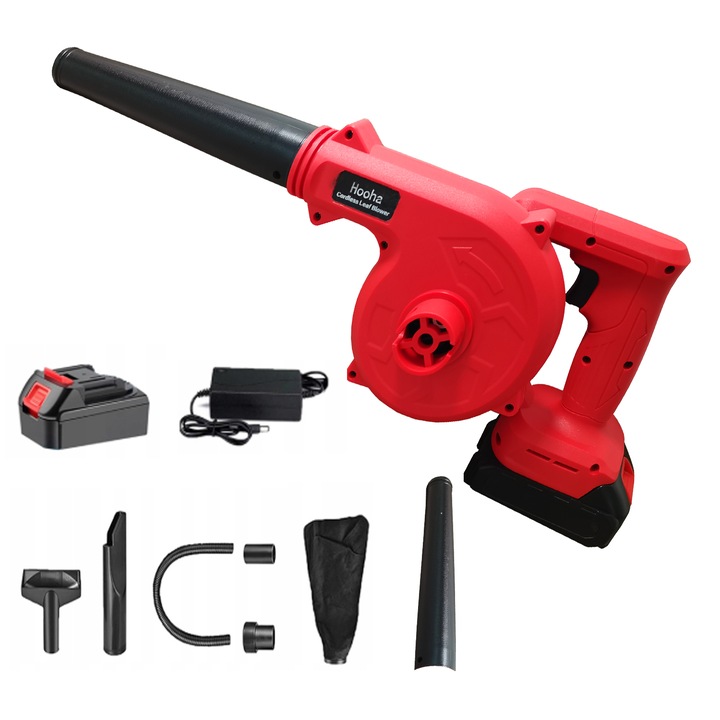 Suflanta pentru frunze, Hooha, Cu acumulator, 21 V, 2.0 AH, 3000 W, Flux aer 230 km/h, Negru/Rosu
