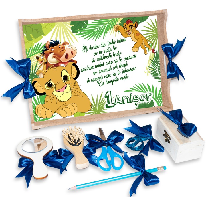 Set Tava pentru Taiere Mot/Turta pentru baieti, Model Simba Lion King, Prima aniversare, 7 Piese, 24x32cm, Culoare Natur, Funde Albastre