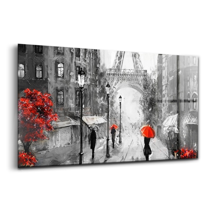 Festmény, Wallfluent, Üveg, Utcakép a Párizsi Eiffel-toronyról, Fehér, 140x70 cm