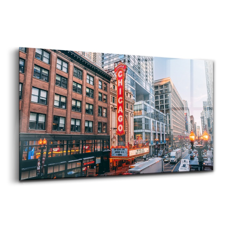 Tablou, Wallfluent, Sticla, Fotografie Cu Cladiri Din Chicago, Rosu, 140x70 cm