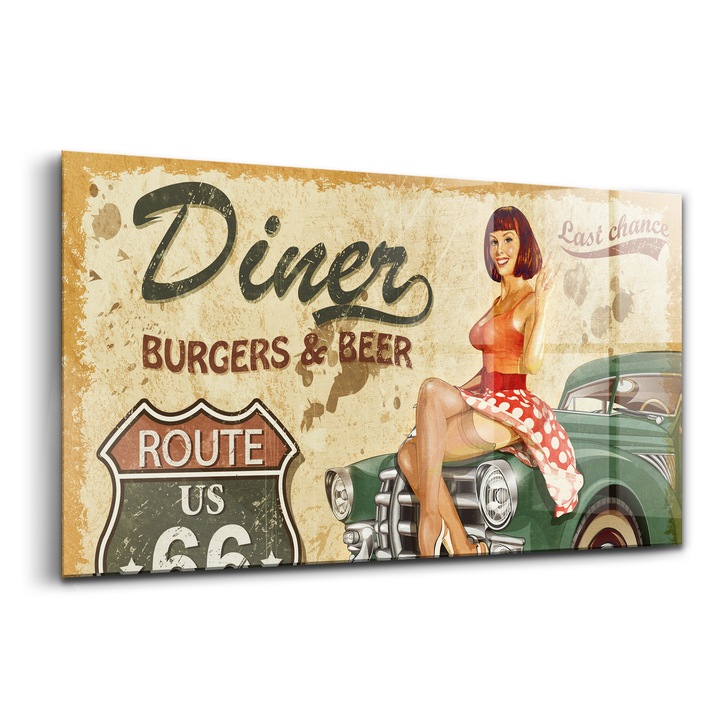 Festmény, Wallfluent, Üveg, Vintage Route 66 Plakát, Sárga, 140x70 cm