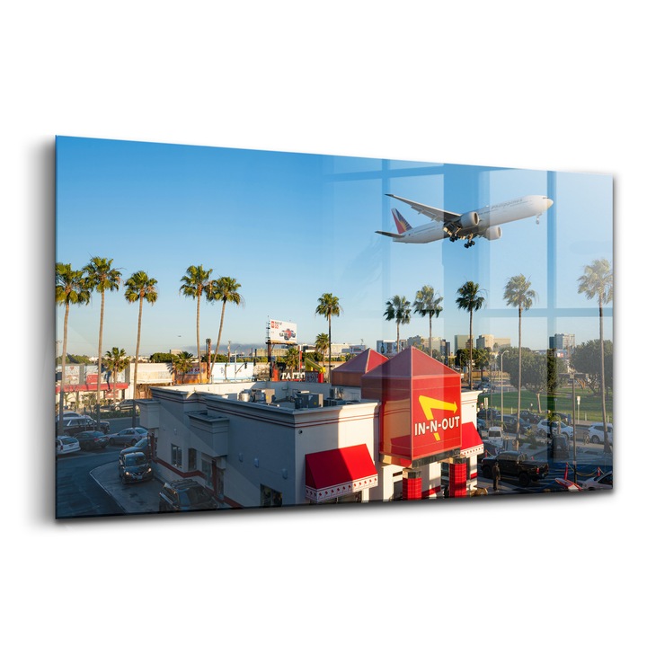 Tablou, Wallfluent, Sticla, Un Avion Care Decoleaza Los Angeles, Albastru, 140x70 cm