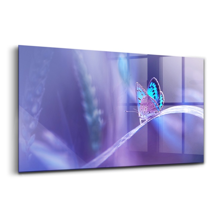 Tablou, Wallfluent, Sticla, Fluture Pe Iarba, Violet, 140x70 cm
