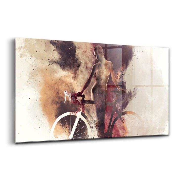 Tablou, Wallfluent, Sticla, O Femeie Si O Bicicleta, Roz, 140x70 cm