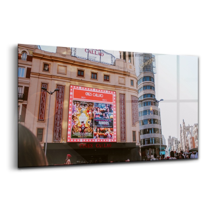 Tablou, Wallfluent, Sticla, Cinematografe Callao Madrid Spania, Rosu, 140x70 cm