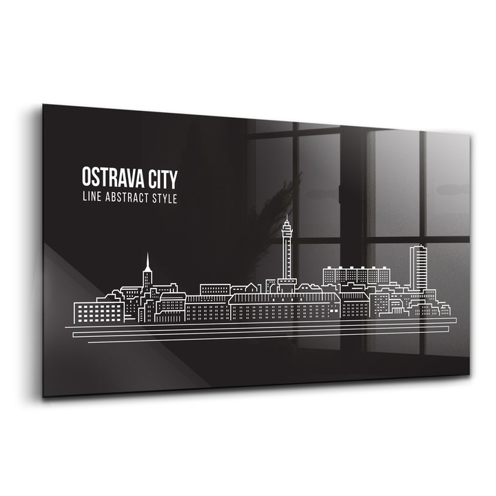 Tablou, Wallfluent, Sticla, Desen Orasul Ostrava, Alb, 120x60 cm