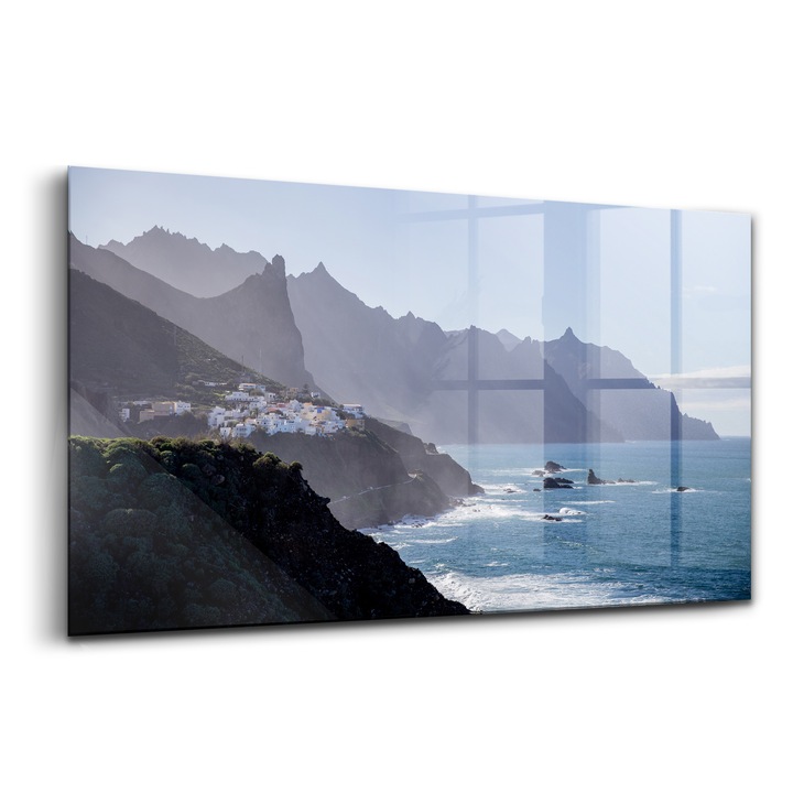 Tablou, Wallfluent, Sticla, Vedere La Munti Langa Ocean, Albastru, 120x60 cm