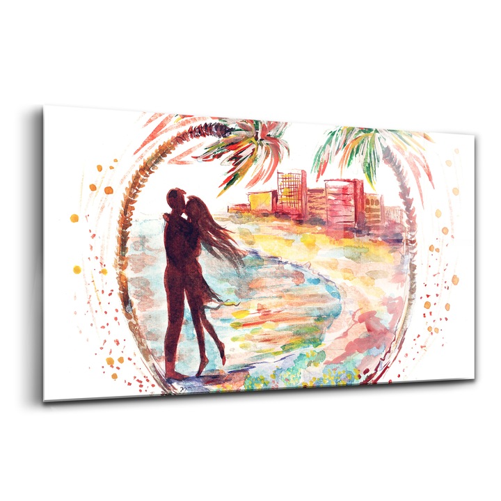 Tablou, Wallfluent, Sticla, Acuarela Dragoste Pe Miami Beach, Portocaliu, 140x70 cm