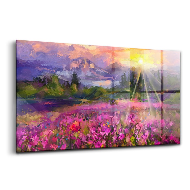 Tablou, Wallfluent, Sticla, Lunca La Apus, Roz, 140x70 cm