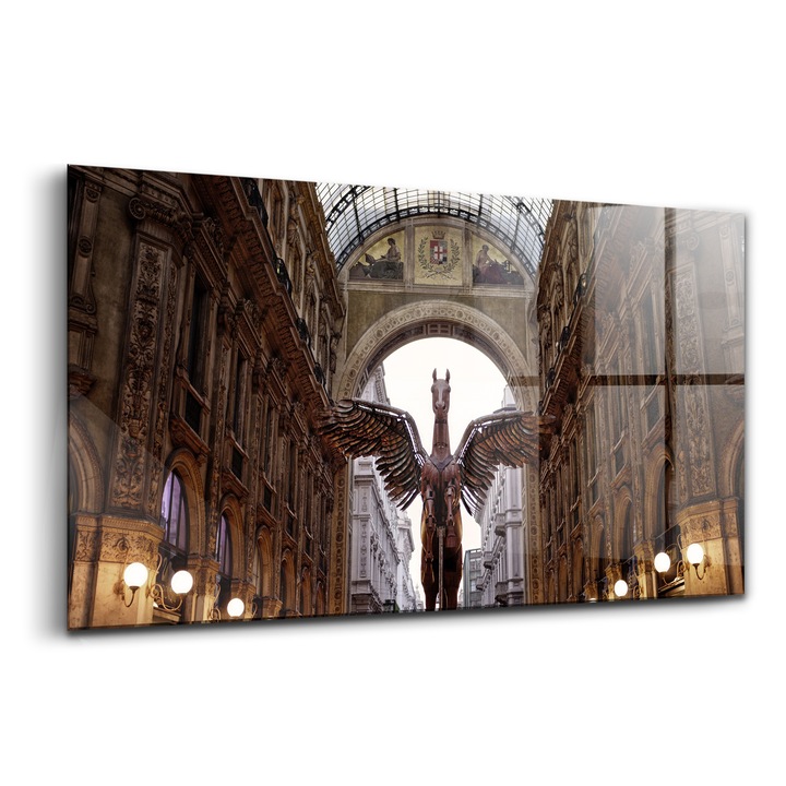 Tablou, Wallfluent, Sticla, Statuia Calului Din Milano, Maro, 140x70 cm