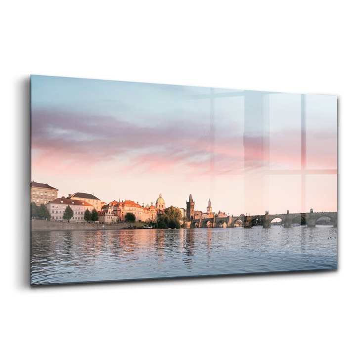 Tablou, Wallfluent, Sticla, Podul Carol Din Praga, Roz, 120x60 cm