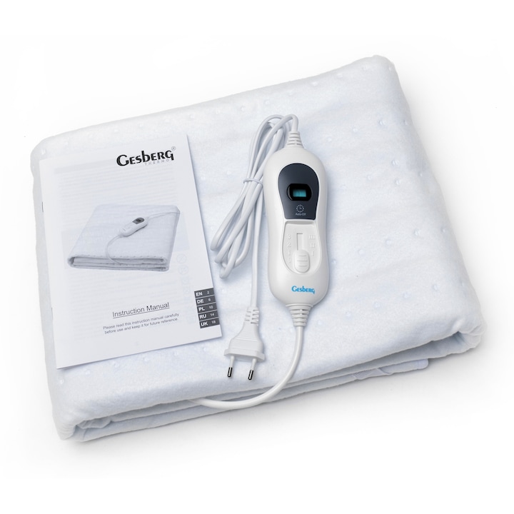 Patura electrica Gesberg® Saltea electrica 155x80cm, 20-60W, alb, 3 trepte de incalzire, oprire automata dupa 3 ore, protectie la supraincalzire, telecomanda. Spalat la masina. TÜV SÜD (DE). EAN 5905317662758