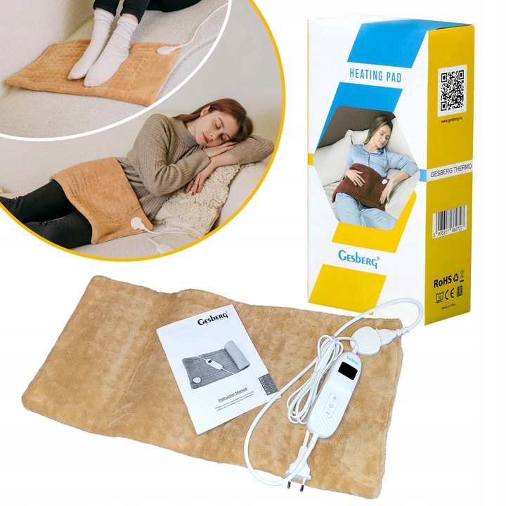 Perna electrica Gesberg®, Incalzitor pentru umeri/brate/maini/picioare/coapse/gambe/glezne/abdomen, 60x30cm, 100W, plus moale, maro; 9 trepte de incalzire, oprire automata dupa 90min., protectie la supraincalzire. Spalat la masina