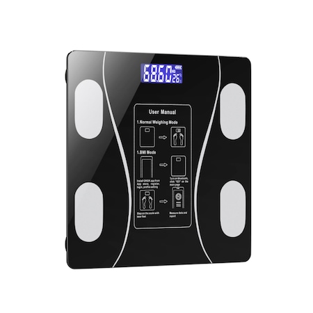 Cantar inteligent de diagnostic corporal JRH®, Conexiune Bluetooth la App Pentru Fitness, Intervalul de cantarire 0,2-180 kg, Detectarea temperaturii, Sticla securizata, Neagra