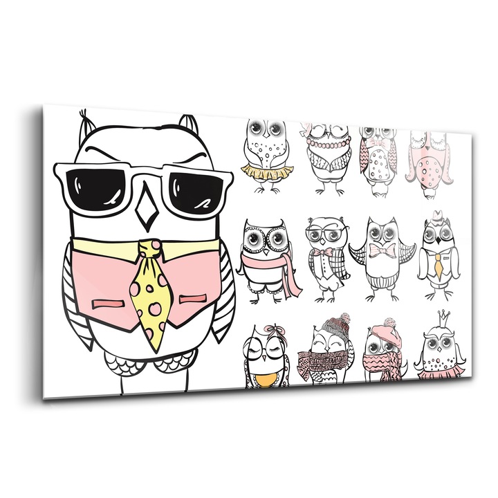 Tablou, Wallfluent, Sticla, Poster De Epoca Cu Bufnite, Alb, 120x60 cm