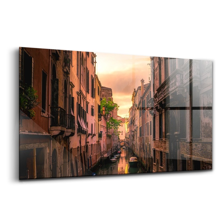 Tablou, Wallfluent, Sticla, Vedere Asupra Canalului Din Oras, Roz, 120x60 cm