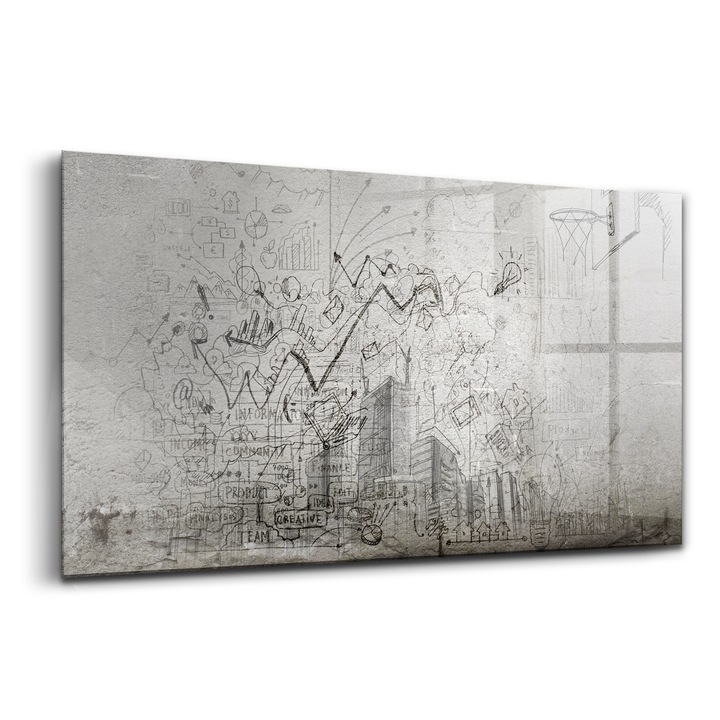 Tablou, Wallfluent, Sticla, Schita Urbana, Gri, 140x70 cm