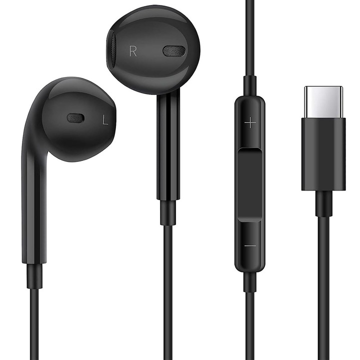 Casti telefon, USB-C, Pentru Samsung/Huawei/Xiaomi/iPad, Microfon incorporabil, Negru