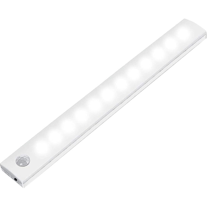 LED лампа, Сензор за светлина и движение, Регулируем интензитет, 20 см, USB-C, Кабел за зареждане, Бял