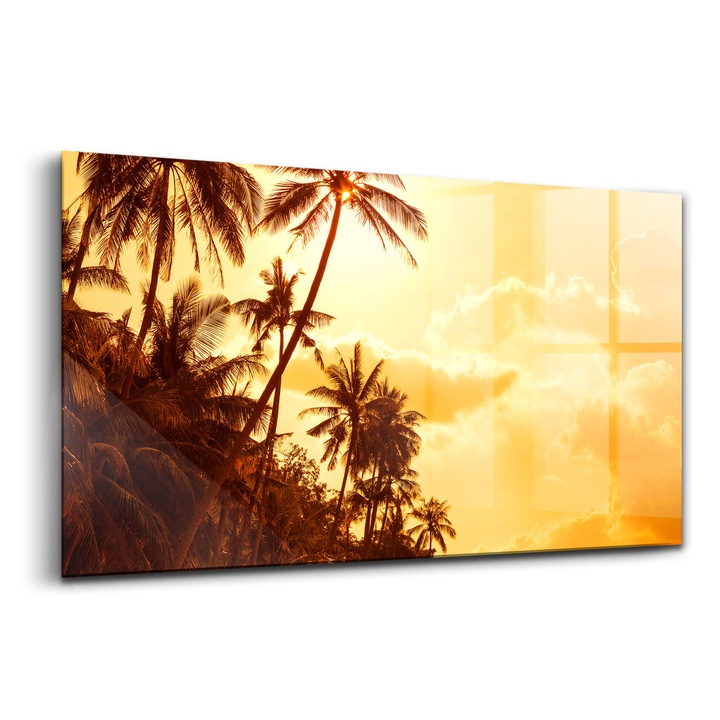 Tablou, Wallfluent, Sticla, Palmieri Insorite Pe Plaja, Maro, 120x60 cm