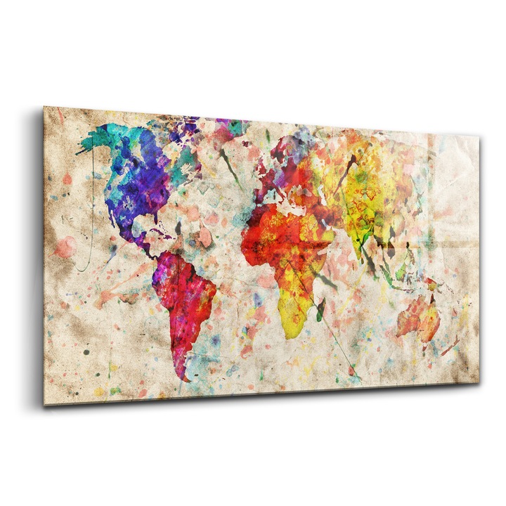 Tablou, Wallfluent, Sticla, Harta Colorata A Lumii, Maro, 120x60 cm