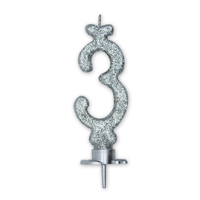 Lumanare Clasica, 8.5 cm, Argintiu Glitter, Nr. 3 Big Party