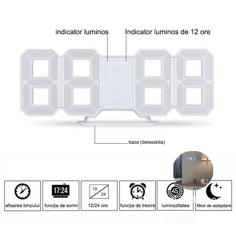Ceas Digital Led Ceas digital, LED, 3D, USB, Alb - eMAG.ro