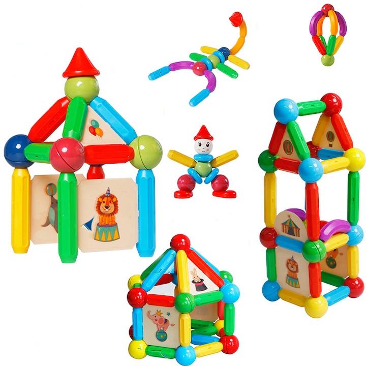 Комплект магнитни играчки за конструиране, магнитни пръчки 3D, 48 части + 8 карти с тема цирк, STEM развитие, за възрастни и деца 3+