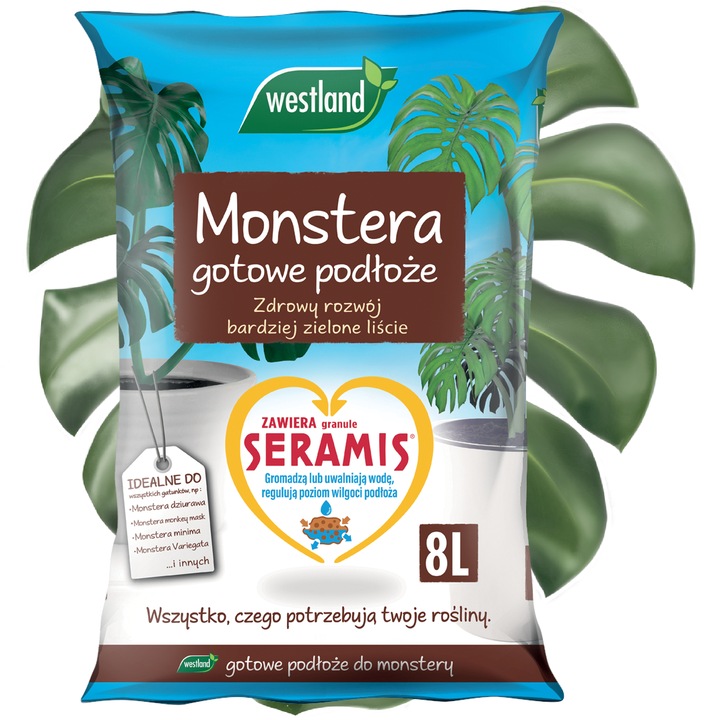 Sol pentru monstera, Westland, Granulele Seramis regleaza nivelul de umiditate din substrat, Perlita asigura conditii ideale de crestere pentru radacini, Doza initiala de ingrasamant dureaza 4 saptamani, Executie de inalta calitate, 8 l