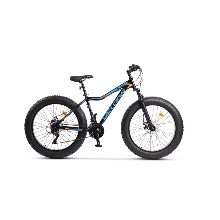 Bicicleta MTB Fat Bike Wolf JSX2605D, brand Velors, roata 26 inch, MTB, frana Disc fata/spate, echipare Shimano. 21 Viteze, marime L, negru cu portocaliu