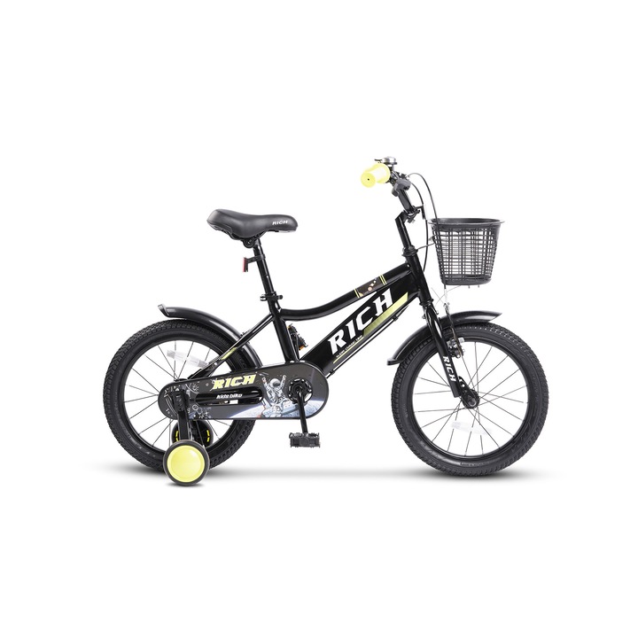 Детски велосипед 3-5 години Rich R1405A, 14 инча колела, предна V-образна спирачка, задна барабанна спирачка, спомагателни колела, черно/зелено