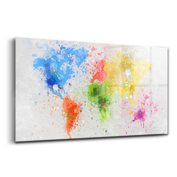 Festmény, Wallfluent, Üveg, Papírra festett Világtérkép, Többszínű, 120x60 cm