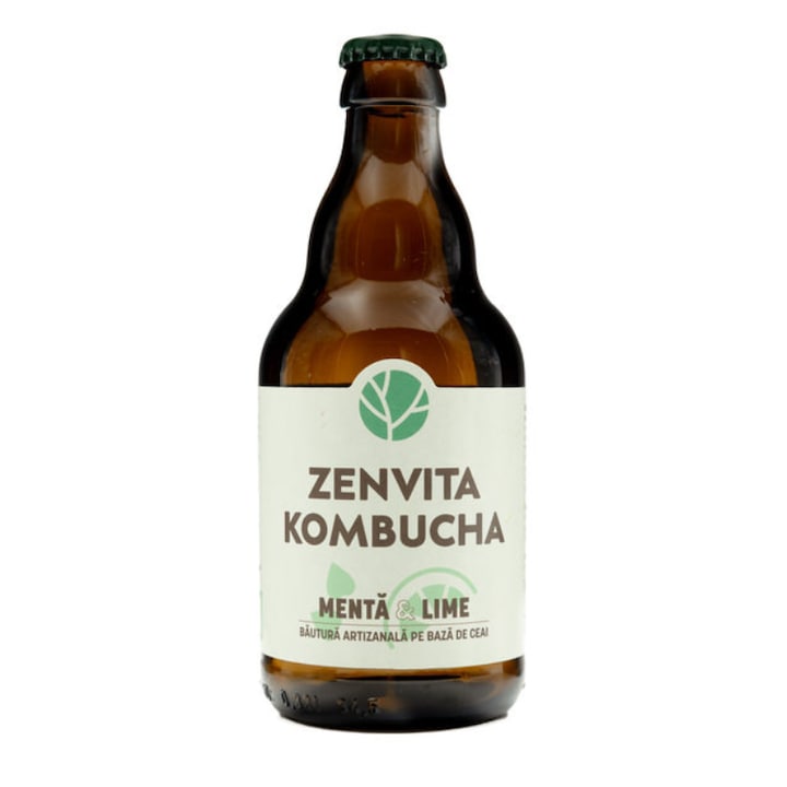 Kombucha bautura artizanala naturala, Zenvita Kombucha, cu menta & lime, 330 ml