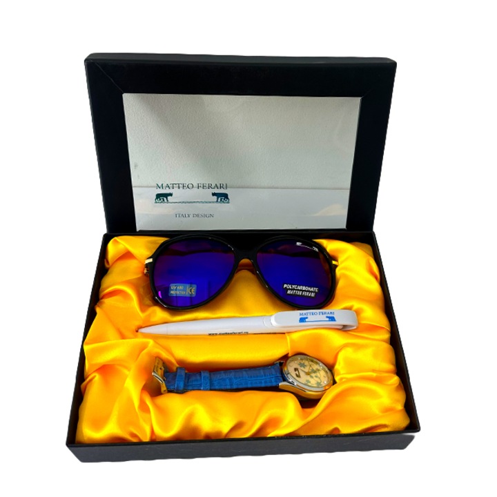 Set pentru femei MATTEO FERARI, cutie cu trei articole practice, ceas dama, ochelari de soare si pix 20.5x15cm, Bleu, Velve