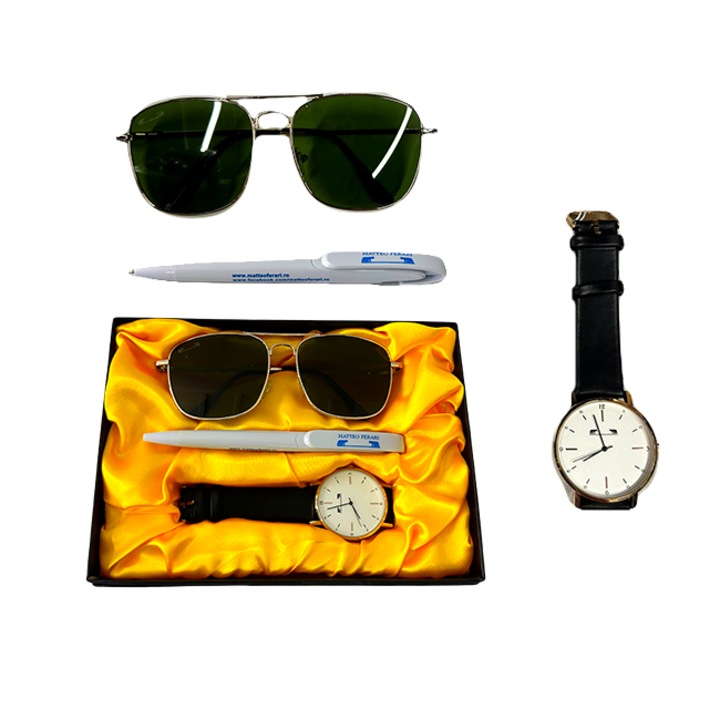 Set cadou pentru barbati MATTEO FERARI, cutie cu trei articole practice, ceas barbati, ochelari de soare si pix 20.5x15cm, Negru-auriu, Velve